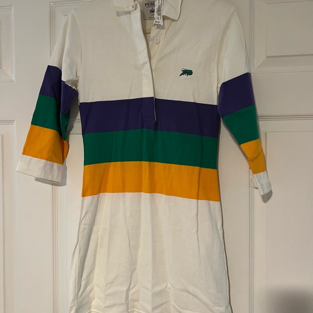 White Polo Mini Dress with Purple, Green & Gold Stripes